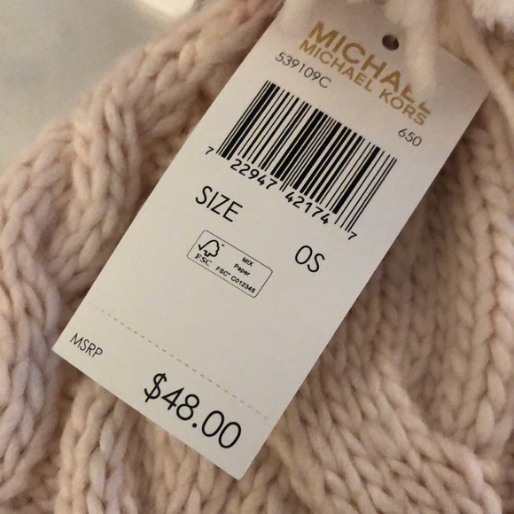 Michael Kors Soft Blush Pink Cable Knit Cuffed Beanie Hat Pink Pom Pom OS NWT - Picture 4 of 14